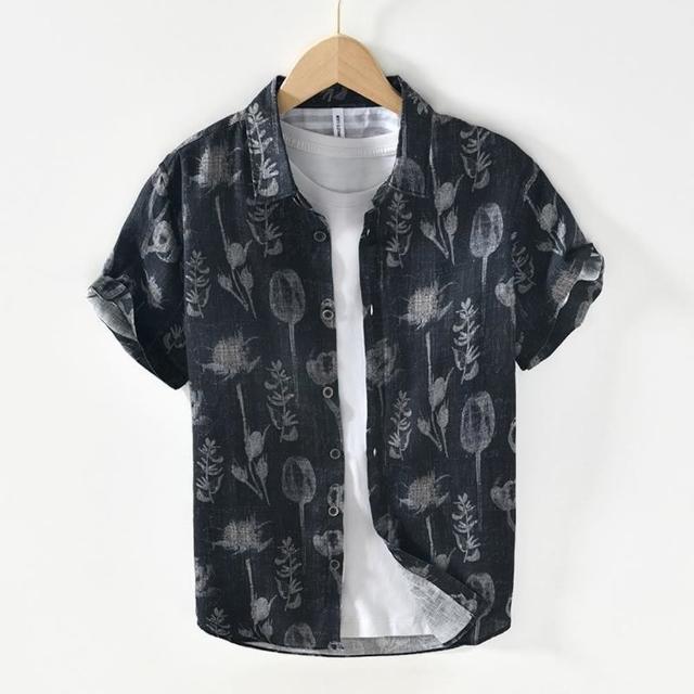 【巴黎精品】現貨+預購 襯衫短袖上衣(休閒印花亞麻襯衣男裝2色a1es23)