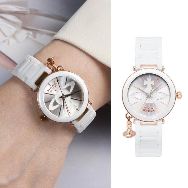【Vivienne Westwood】典雅純白 玫瑰金框 經典LOGO錶盤 陶瓷錶帶 小裝飾設計 女錶 32mm 情人節(VV067RSWH)