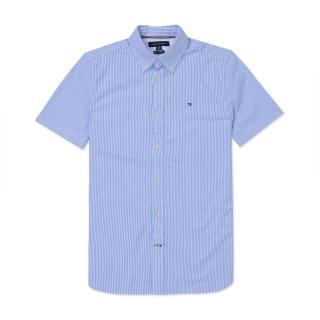 【Tommy Hilfiger】TOMMY 經典刺繡Logo短袖襯衫-藍白直條紋色 上衣(平輸品)