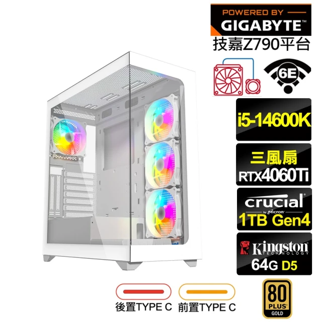 技嘉平台 i5十四核GeForce RTX 4060TI{英雄K63C}水冷電競電腦(i5-14600K/Z790/64G/1TB/WIFI)