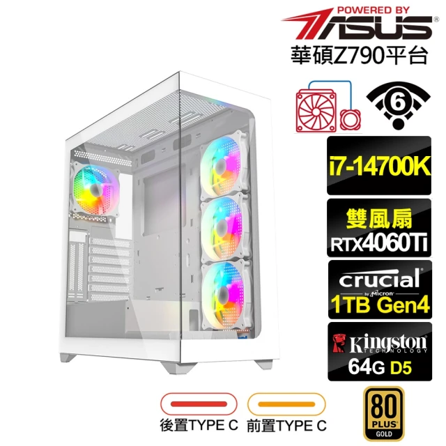 華碩平台華碩平台 i7廿核GeForce RTX 4060TI{英雄K75C}水冷電競電腦(i7-14700K/Z790/64G/1TB/WIFI)