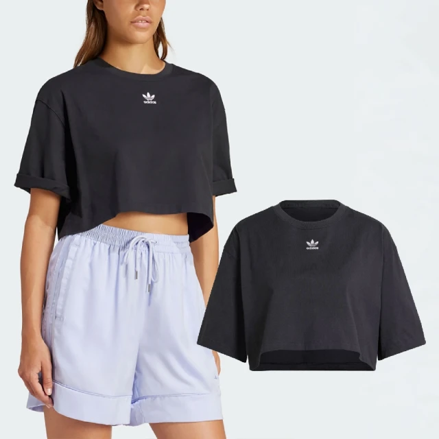 adidas 愛迪達adidas 愛迪達 短袖 Essentials Crop Tee 女款 黑 白 純棉 寬鬆 短版 三葉草 愛迪達(IT9887)