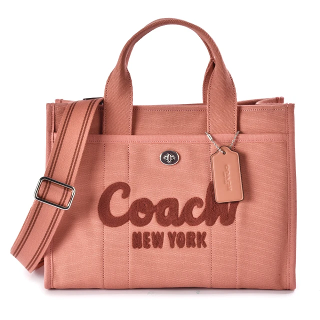 COACH 專櫃款 CARGO 草寫LOGO 經典帆布手提/斜背兩用托特包(-粉橘色)