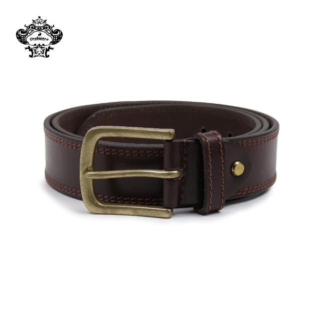 【Orobianco】經典壓邊素色復古扣式皮腰帶 深棕色(ZO561)