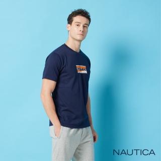 【NAUTICA】男裝 方形撞色品牌LOGO短袖T恤(藍色)