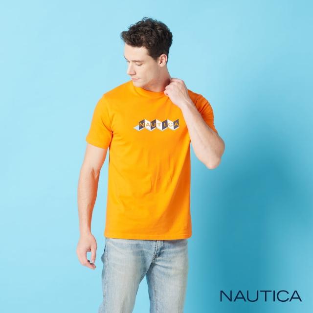 【NAUTICA】男裝 幾何圖形撞色品牌LOGO短袖T恤(橘色)