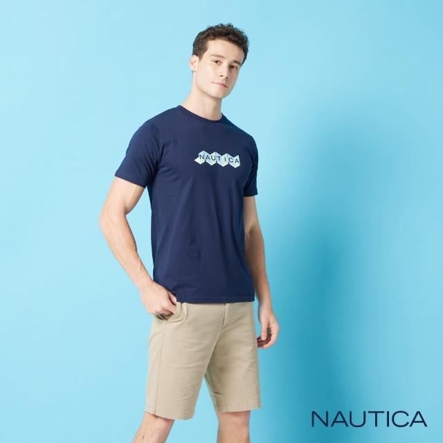 【NAUTICA】男裝 幾何圖形撞色品牌LOGO短袖T恤(藍色)