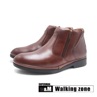 【WALKING ZONE】男 SUPERMAN系列 大寬口拉鍊皮革短靴 男鞋(咖啡色)