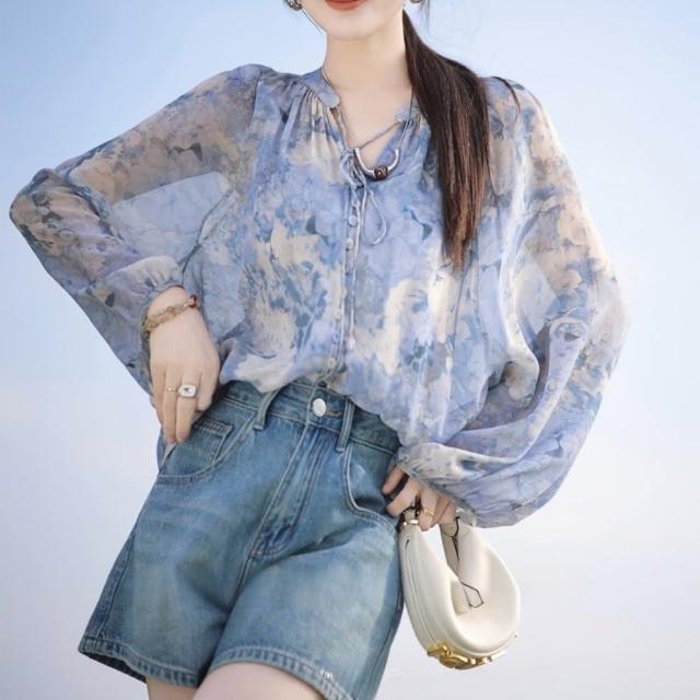 【巴黎精品】現貨+預購 襯衫長袖上衣(絲質印花法式襯衣女裝a1gp14)