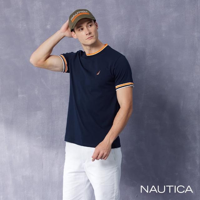 【NAUTICA】男裝 袖口跳色拼接品牌LOGO刺繡T恤(藍色)