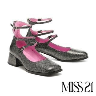 【MISS 21】邪魅少女閃閃方釦三條帶牛皮大頭瑪莉珍高跟鞋(閃黑)