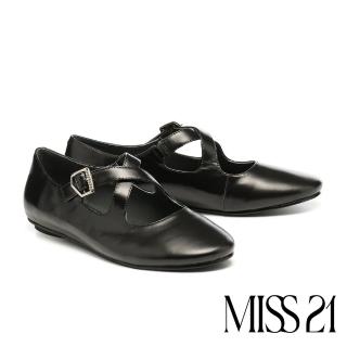 【MISS 21】微甜芭蕾交叉帶全真皮瑪莉珍圓頭平底鞋(黑)