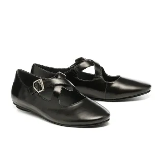 【MISS 21】微甜芭蕾交叉帶全真皮瑪莉珍圓頭平底鞋(黑)