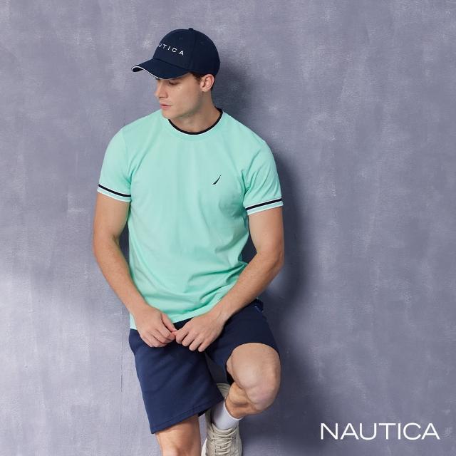 【NAUTICA】男裝 袖口跳色拼接品牌LOGO刺繡T恤(綠色)