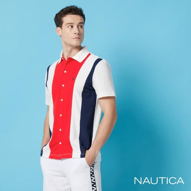 【NAUTICA】男裝 直條紋撞色拼接濕排汗短袖POLO衫(紅色)