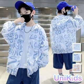 【UniKids】中大童裝長袖連帽外套 滿版字母輕薄防曬 男大童裝 VPWTC3031(藍 灰 橘)