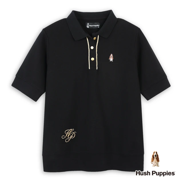 Hush Puppies 女裝 POLO衫 素色草寫HP刺繡小狗五分袖POLO衫(黑色 / 44201104)