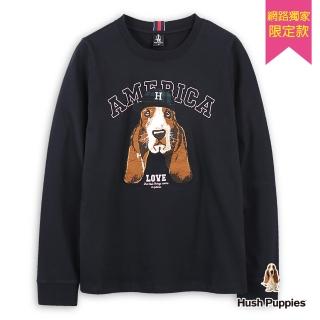 【Hush Puppies】女裝 T恤 英文字印花貼布刺繡棒球帽狗長袖T恤(丈青 / 44211904)