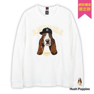 【Hush Puppies】女裝 T恤 英文字印花貼布刺繡棒球帽狗長袖T恤(米白 / 44211904)