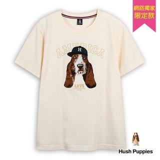 【Hush Puppies】男裝 T恤 英文字印花貼布刺繡棒球帽狗T恤(米白 / 44111904)