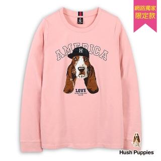 【Hush Puppies】女裝 T恤 英文字印花貼布刺繡棒球帽狗長袖T恤(淺粉紅 / 44211904)
