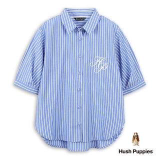 【Hush Puppies】女裝 襯衫 HP刺繡知性直條紋五分袖襯衫(藍色 / 44212101)