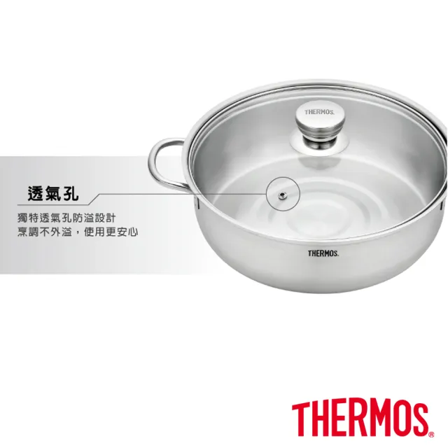 【THERMOS膳魔師】不鏽鋼含玻璃上蓋雙耳湯鍋火鍋28cm(KOS-W28H)