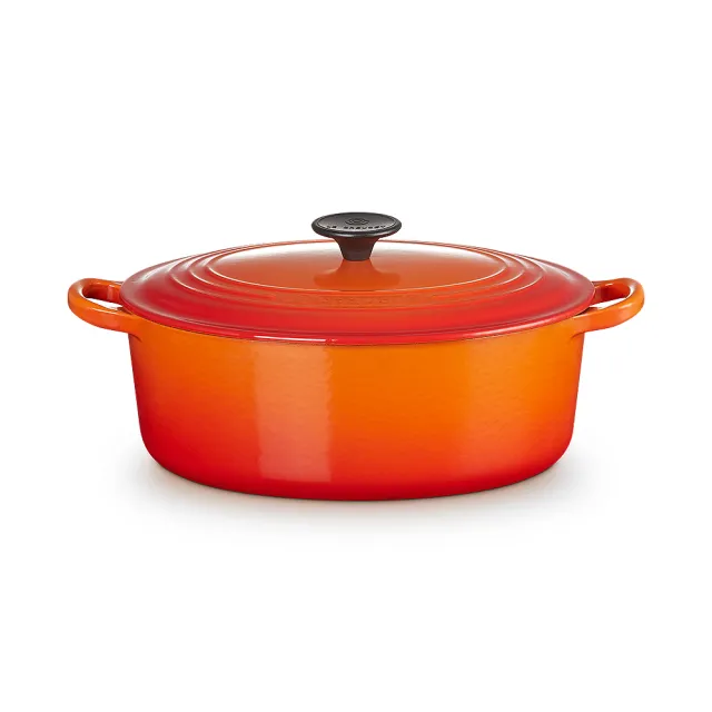 【Le Creuset】琺瑯鑄鐵鍋橢圓鍋25cm(火焰橘-電木頭-內鍋白)