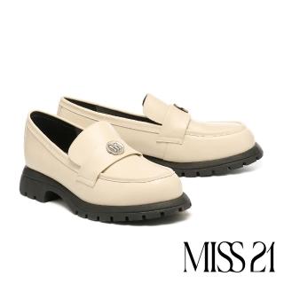 【MISS 21】經典學院風M字圓釦牛皮樂福厚底鞋(米白)