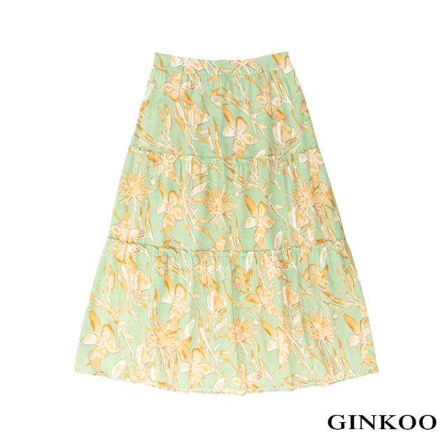 【GINKOO 俊克】花朵三層鬆緊長裙