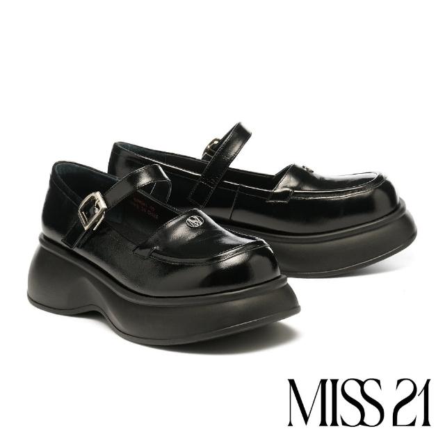 【MISS 21】復古少女LOGO牛油皮純色方釦繫帶瑪莉珍大頭厚底鞋(黑)