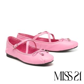 【MISS 21】迷戀少女芭蕾風蝴蝶結交叉帶羊皮瑪莉珍平底鞋(粉)