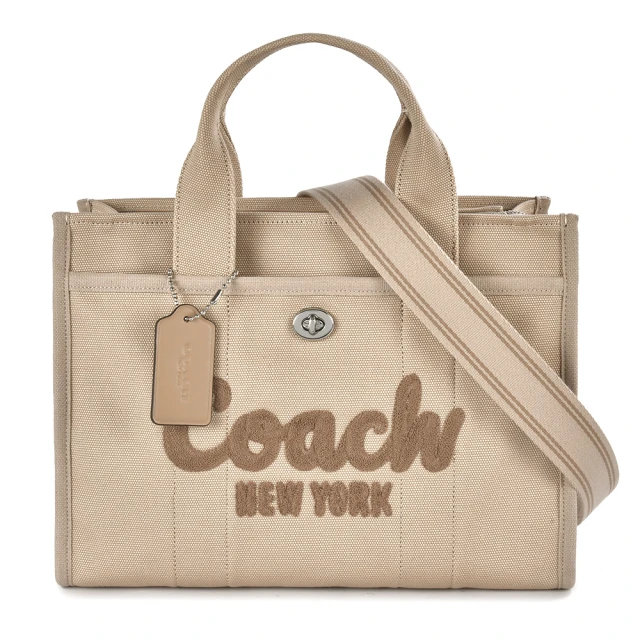 COACH 專櫃款 CARGO 草寫LOGO 經典帆布手提/斜背兩用托特包(卡其色)