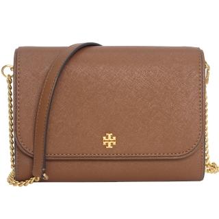 【TORY BURCH】經典雙T金屬LOGO防刮皮革吸釦斜揹包(棕色)