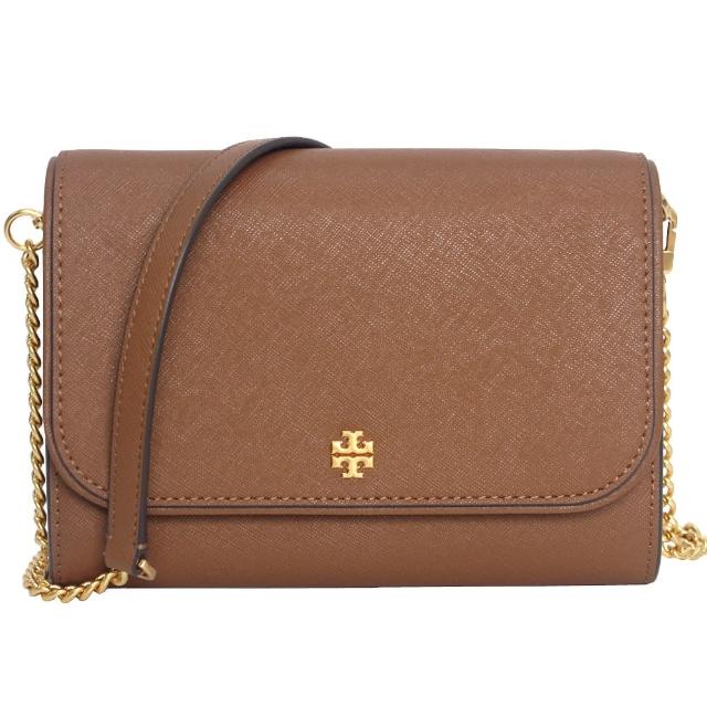 【TORY BURCH】經典雙T金屬LOGO防刮皮革吸釦斜背包(棕色)