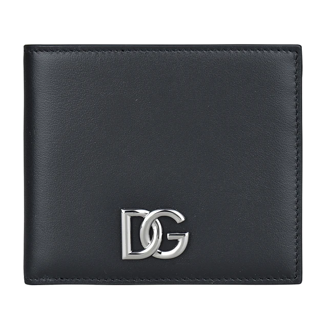 DOLCE&GABBANA 杜嘉班納 D&G DOLCE & GABBANA金屬LOGO對折小牛皮6卡短夾(黑)