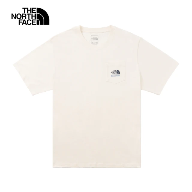 The North Face 官方旗艦 北面男女款米白色胸前LOGO口袋短袖T恤｜88G4QLI(上衣/LOGO)