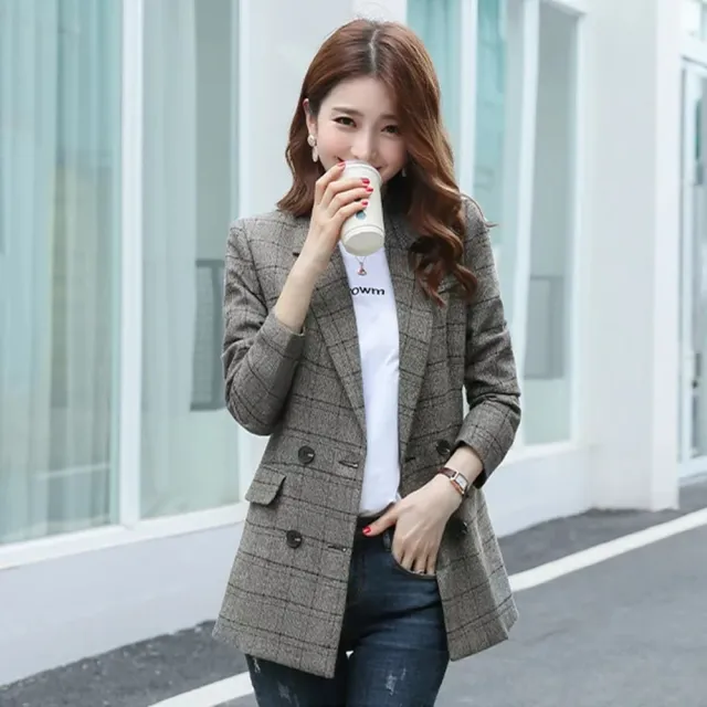 【米蘭精品】現貨+預購 西裝外套休閒西服(格紋中長款修身春季女外套2色74co43)