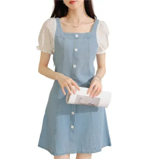 【Alishia】法式小清新休閒泡泡袖短版連小洋裝 S-3XL(藍色)