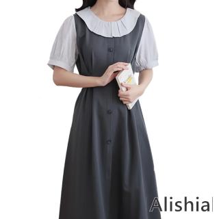 【Alishia】氣質日系圓領假兩件式撞色收腰顯瘦小洋裝 S-XL(灰色)