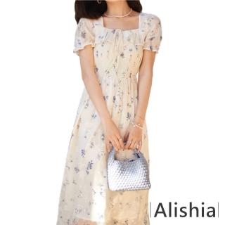 【Alishia】休閒渡假風藍色碎花輕盈泡泡袖雪紡洋裝 S-XL(米色)