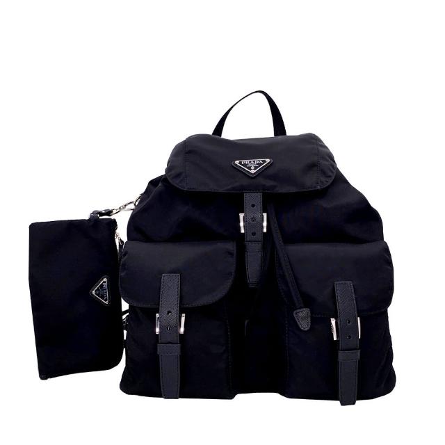 【PRADA 普拉達】1BZ811 黑 中型 經典三角牌(尼龍雙口袋後背包-附萬用小袋)『entrupy安心購』