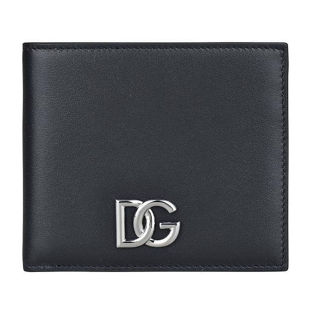 【DOLCE&GABBANA 杜嘉班納】D&G DOLCE & GABBANA金屬LOGO對折小牛皮6卡短夾(黑)