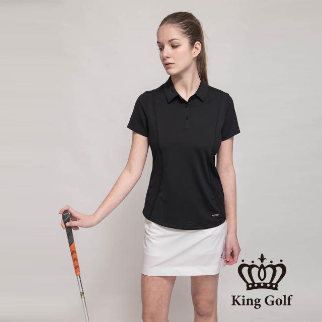 【KING GOLF】MOMO特談-女款素面透氣材質拼接造型POLO衫(黑色)
