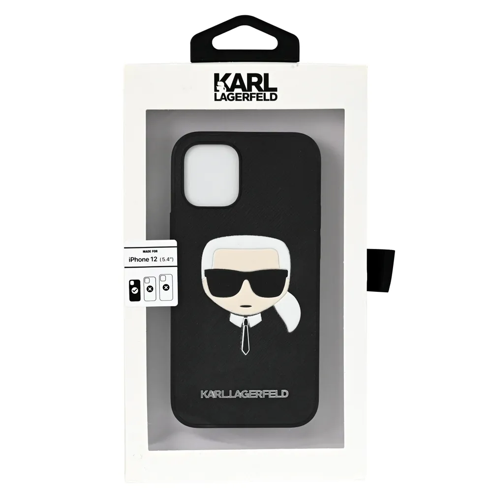 【KARL LAGERFELD 卡爾】老佛爺 Iphone12 立體公仔LOGO手機套(黑 5.4吋)