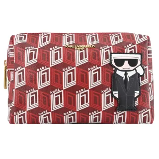 【KARL LAGERFELD 卡爾】老佛爺墨鏡公仔幾何圖案大萬用包收納包(紅)