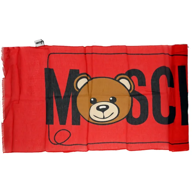 【MOSCHINO】經典LOGO泰迪熊大頭混紡薄披肩領巾圍巾(紅 小)