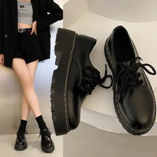 【Alberta】日系厚底繫帶英倫復古小皮鞋 黑色 jk學生鞋 單鞋