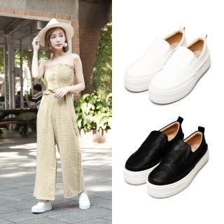 【FUFA Shoes 富發牌】名媛休閒厚底增高懶人鞋-黑/白 1BE07(女鞋/女懶人鞋/小白鞋/厚底鞋)