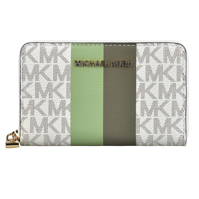 Michael Kors MK MICHAEL KORS經典LOGO拉鍊緹花條紋PVC零錢包(香草白x淺綠x墨綠)